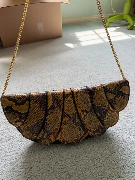 Caprise Snake-Print Scalloped Shoulder Bag in Brown and Tan - Picture 3 of 6